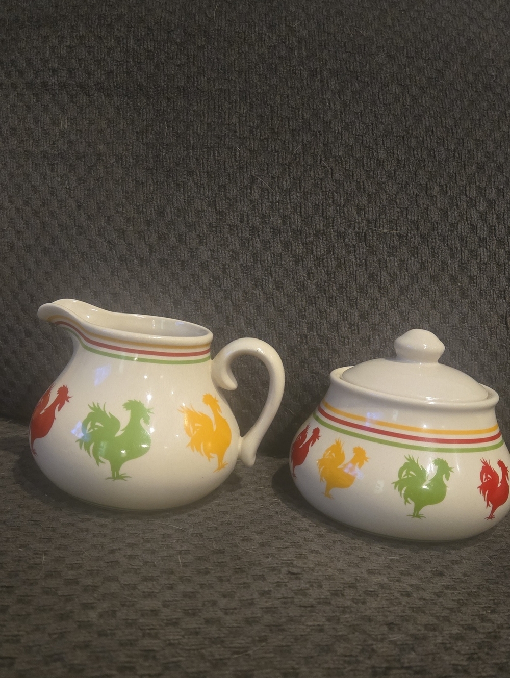Vintage Kathy Hatch Collection Ceramic Rooster Sugar Bowl with Lid & Creamer Set